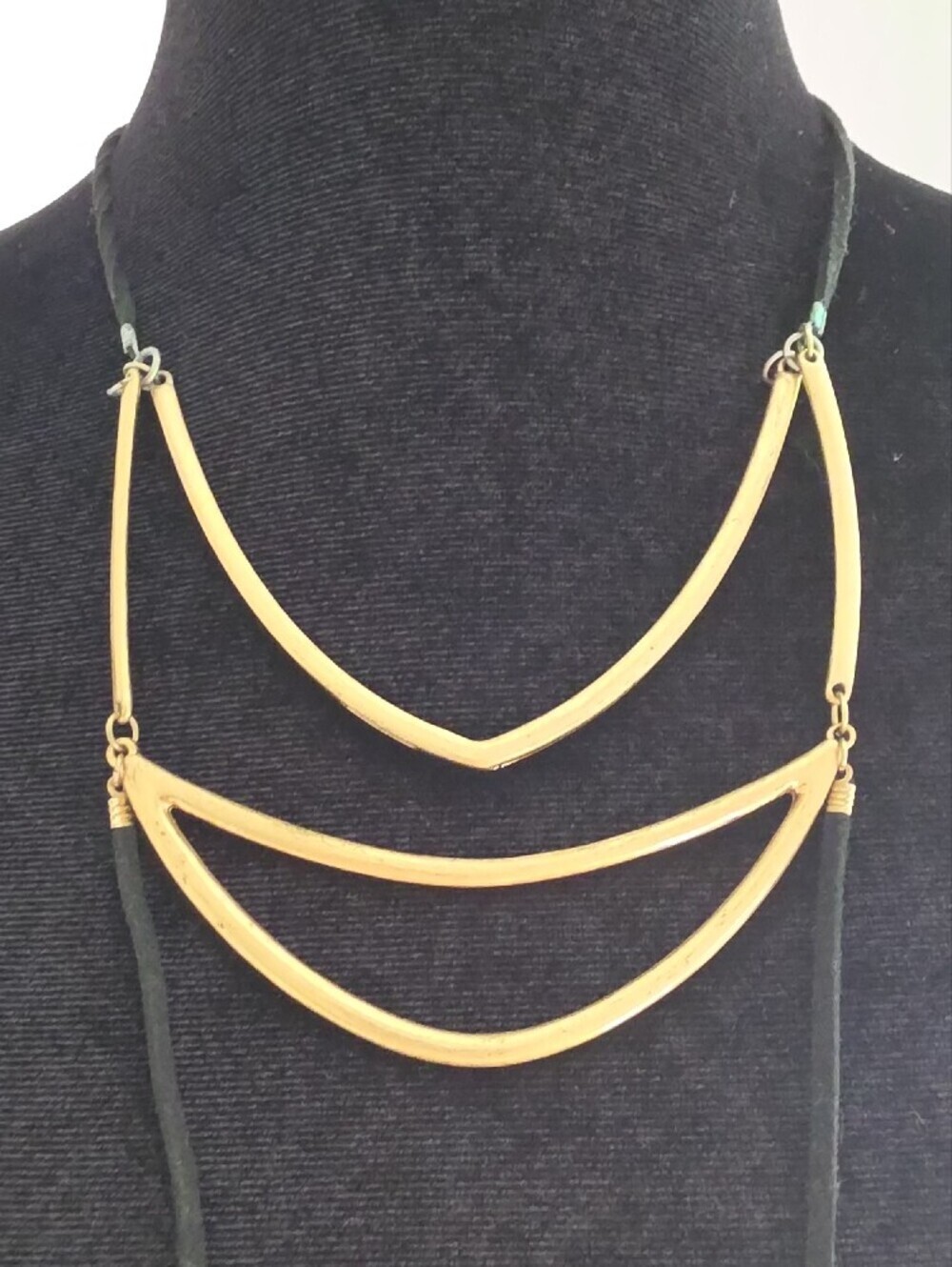INC International Concepts Black Leather Cord Layered Necklace with Gold Arcs - Picture 3 of 6